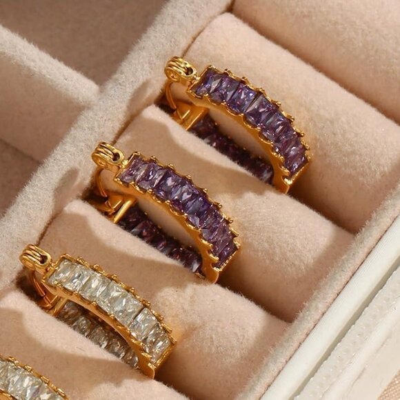 Purple Zircon Huggie Hoop Earrings 18K Gold Plated Stainless Steel Women’s Jewel - Picture 5 of 9